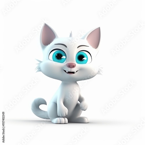 Cute White Cartoon Kitten with Big Blue Eyes Sitting and Smiling - Adorable 3D Illustration for Kids