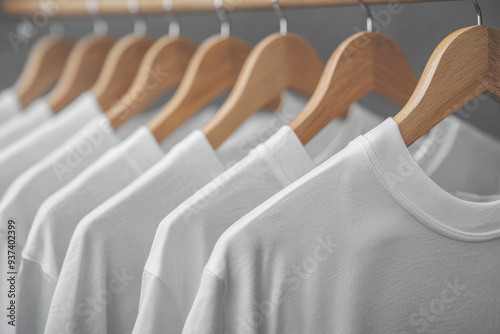 A row of white shirts hanging on a rack. The shirts are all the same color and are neatly hung up. Concept of order and organization, as the shirts are arranged in a uniform manner
