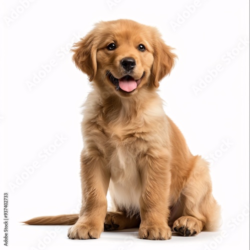 Cheerful Golden Retriever Puppy Sitting and Smiling on White Background