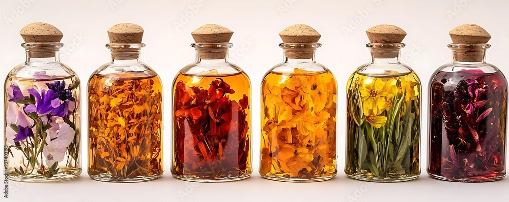 Six Glass Bottles Filled with Flowers and Liquid - Photo Six Glass Bottles Filled with Flowers and Liquid - Photo