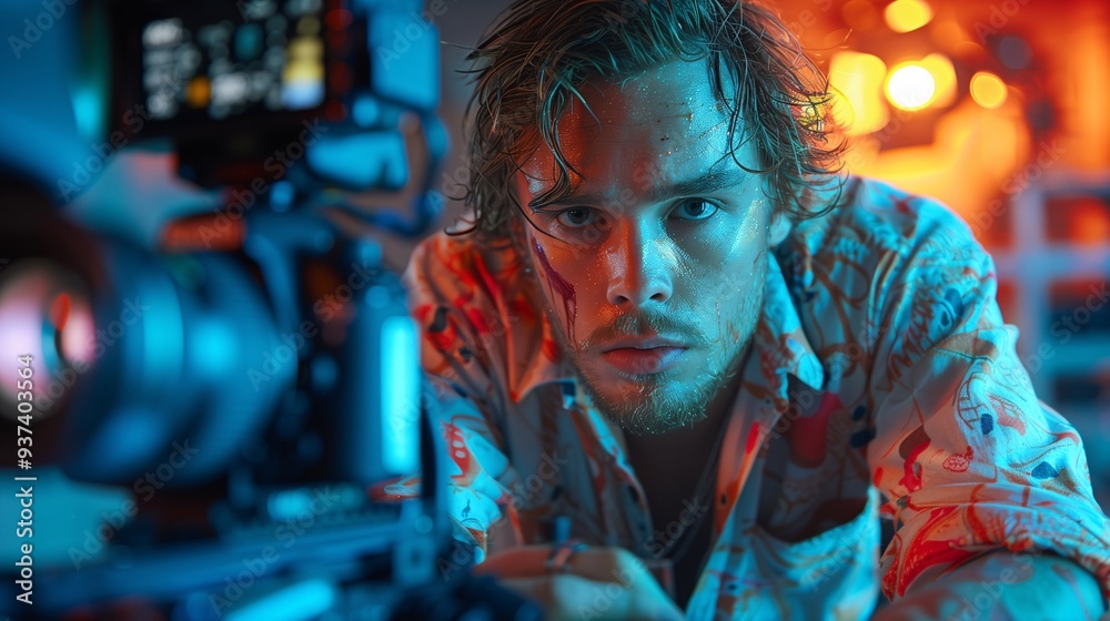 A focused young man with tousled hair, wearing a colorful shirt, leans towards a camera. The background features warm, blurred lights, creating an artistic atmosphere. A focused young man with tousled hair, wearing a colorful shirt, leans towards a camera. The background features warm, blurred lights, creating an artistic atmosphere.