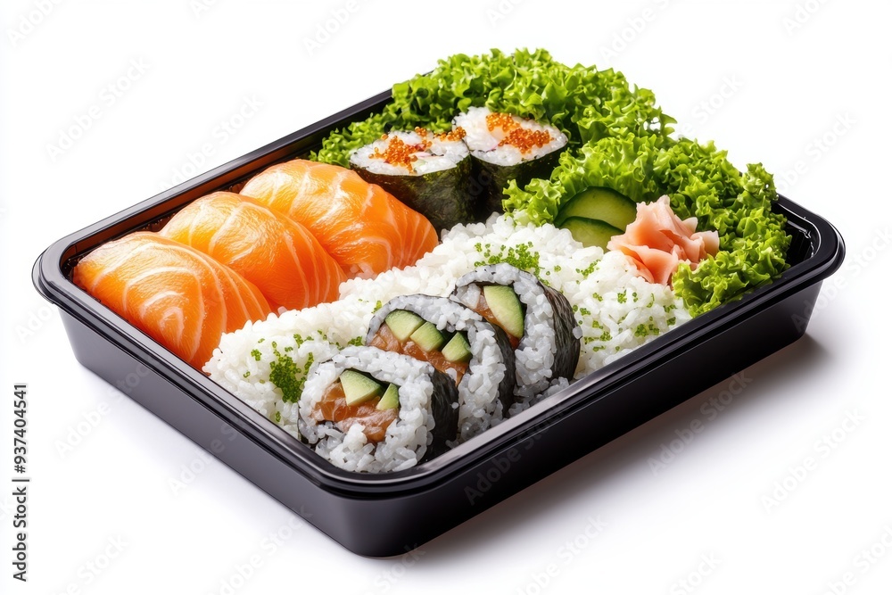 bento box featuring sushi, rice, and pickled ginger bento box featuring sushi, rice, and pickled ginger