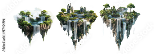 Floating islands set isolated on transparent background, fantasy islands with trees and waterfalls for decoration