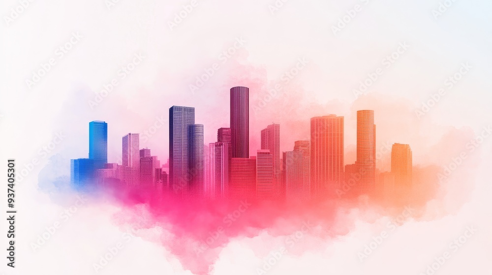 Fototapeta premium Cityscape silhouette overlaid with bold graffiti typography, neon colors blending with urban structures, dynamic street art energy, grungy textures
