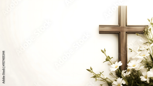 Composition with a Christian wooden cross and flowers against muted white background with copy space for text. Funeral template