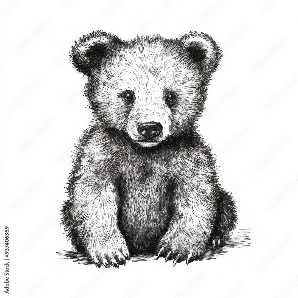 Obraz premium Adorable Black and White Baby Bear Illustration Artwork - Cute Hand-Drawn Wildlife Animal Art Print for Nursery Decor