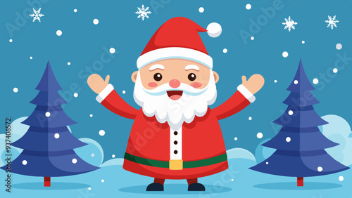 Cheerful Santa Claus with Snowflakes and Christmas Trees. Perfect for: Christmas, Holiday parades, Children’s events