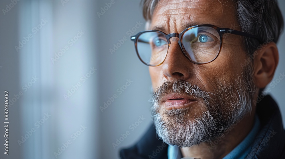 A thoughtful middle-aged man with glasses and a beard, gazing out of a window. The soft light highlights his facial features, creating a contemplative mood. A thoughtful middle-aged man with glasses and a beard, gazing out of a window. The soft light highlights his facial features, creating a contemplative mood.