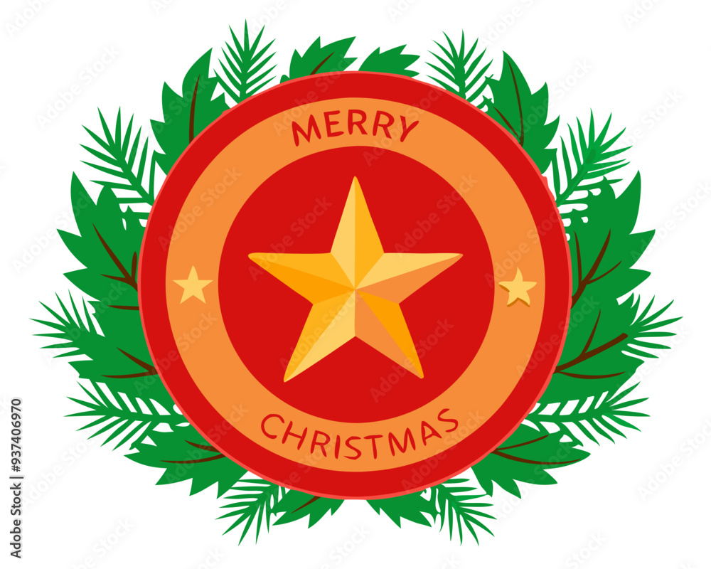 Red Circular Badge with Golden Star and Pine Branches. Perfect for: Christmas, Holiday cards, Gift tags, Party decor Red Circular Badge with Golden Star and Pine Branches. Perfect for: Christmas, Holiday cards, Gift tags, Party decor