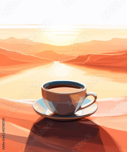 Coffee Cup Illustration with Scenic Sunrise Background - Perfect for Morning Inspiration and Relaxation Themes