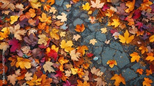 A vibrant fall path covered with colorful maple leaves showcasing the beauty of autumn