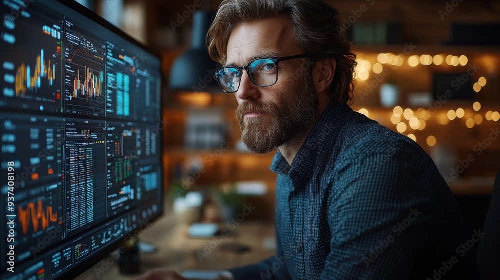 Male financial analyst working on computer analyzing market trends in modern office setting Male financial analyst working on computer analyzing market trends in modern office setting