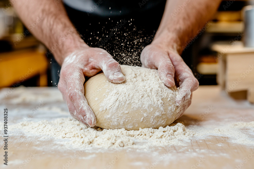 Kneading dough with flour on wooden surface, hands covered in flour, focused expression. Kneading dough with flour on wooden surface, hands covered in flour, focused expression.