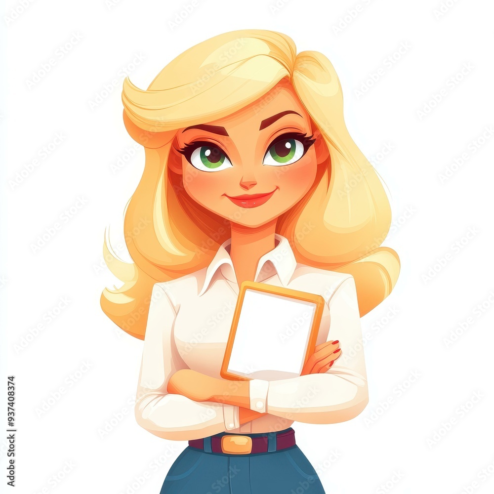 A cute girl with medium blonde hair, styled in an office look with a white blouse and blank badge, captured at the waist. A cute girl with medium blonde hair, styled in an office look with a white blouse and blank badge, captured at the waist.