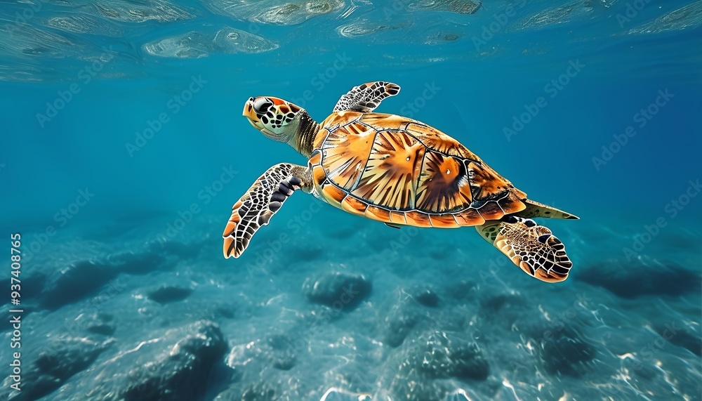 Obraz premium realistic photographer A tropical turtle swimming in a clear blue ocean.