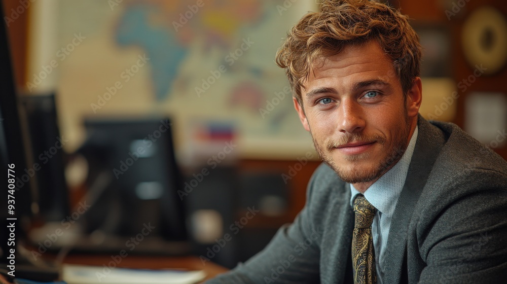 Young male foreign service officer at embassy desk with passports, working indoors, professional attire Young male foreign service officer at embassy desk with passports, working indoors, professional attire