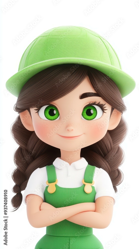A 3D cartoon farmer woman with dark brown hair and green eyes stands confidently against an isolated white background. A 3D cartoon farmer woman with dark brown hair and green eyes stands confidently against an isolated white background.