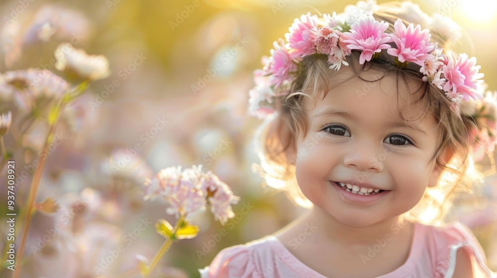 Joyful child wearing a blush pink flower crown in a bright, serene flower field full of beauty Joyful child wearing a blush pink flower crown in a bright, serene flower field full of beauty