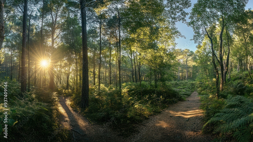Obraz premium Sunbeams Illuminating a Forest Path Through Lush Greenery