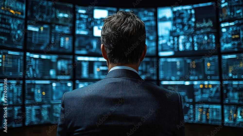 Male intelligence analyst reviewing security threats in a high-tech government office environment.