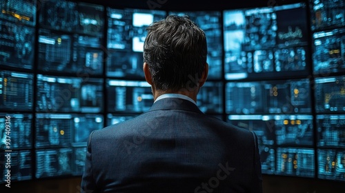 Male intelligence analyst reviewing security threats in a high-tech government office environment.