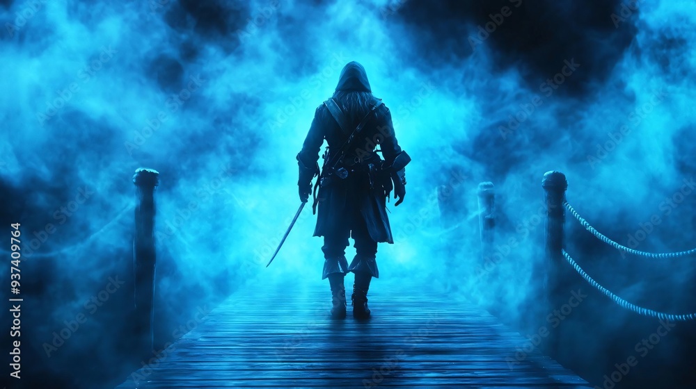 Fototapeta premium A mysterious figure walks through a foggy, blue atmosphere, evoking a sense of adventure and intrigue.