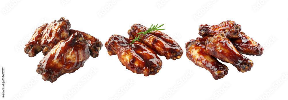 Obraz premium Grilled chicken wings set isolated on transparent background, crispy grilled wings for food and cooking