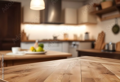 Wooden table in a blurred kitchen interior with shelves and appliances in the background 