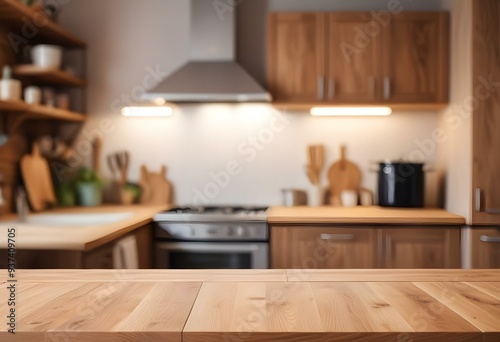 Wooden table in a blurred kitchen interior with shelves and appliances in the background 