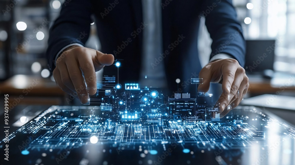 A professional analyzing digital data on a futuristic touchscreen interface in a modern office setting. A professional analyzing digital data on a futuristic touchscreen interface in a modern office setting.