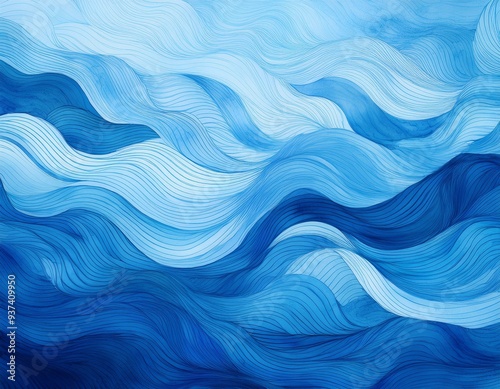 Serene Currents: Watercolor Wavy Lines in Shades of Blue 