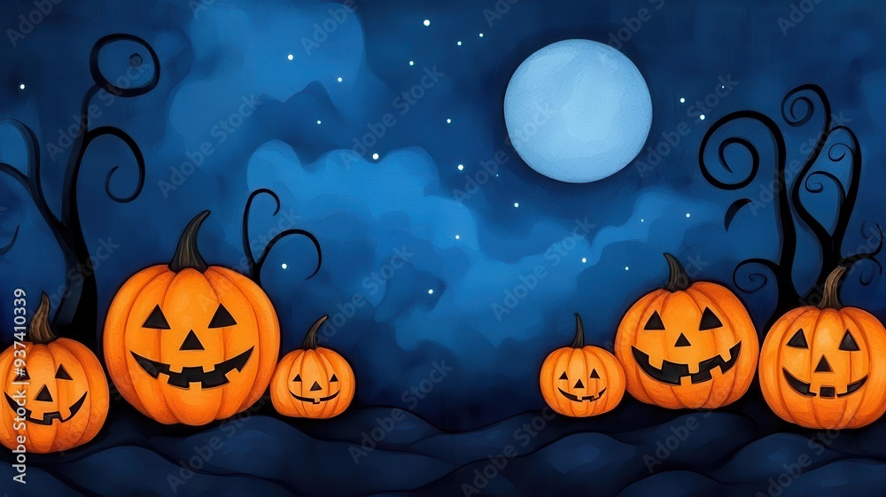 Pirate cove, jack-o'-lanterns illuminating the shore, eerie night atmosphere, Watercolor style