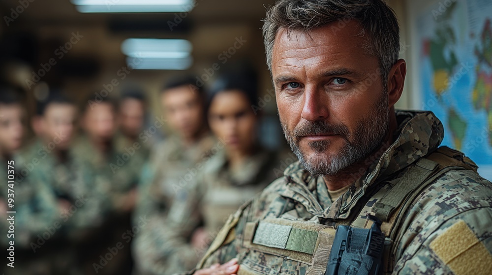 Fototapeta premium Experienced male military officer leading strategic planning with diverse troops in command room