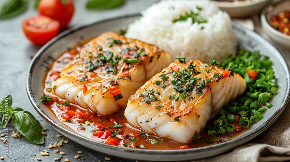 A delicious plate of grilled fish fillets served with rice and garnished with fresh herbs. The dish features a vibrant sauce with diced vegetables A delicious plate of grilled fish fillets served with rice and garnished with fresh herbs. The dish features a vibrant sauce with diced vegetables