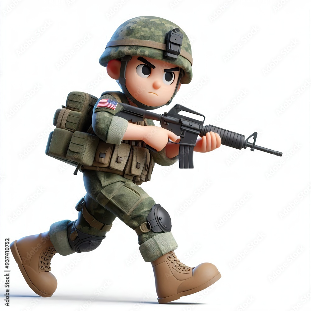 A 4D cartoon soldier on patrol, looking vigilant A 4D cartoon soldier on patrol, looking vigilant