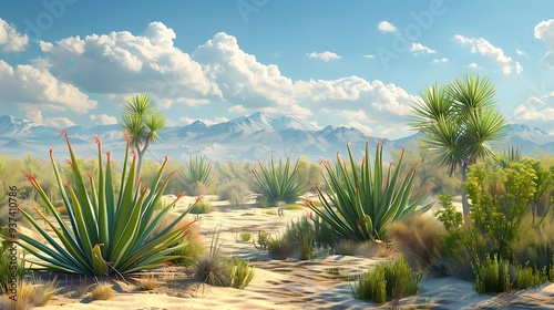 A serene desert landscape with agave plants and distant mountains under a bright blue sky.