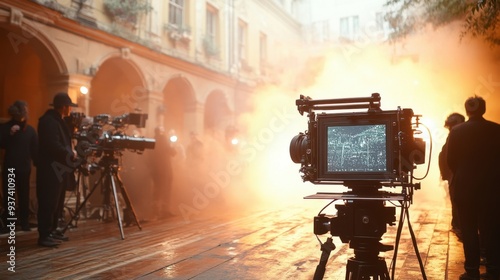 Stage manager coordinating production on a bustling film set with crew and equipment indoors. photo