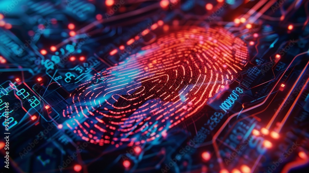 A double exposure of a digital fingerprint and ai circuits highlighting voice recognition technology