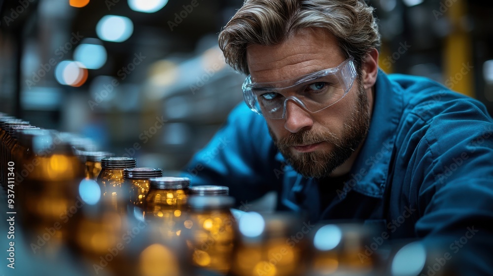 Male quality control inspector examining products on a factory production line wearing protective eyewear.