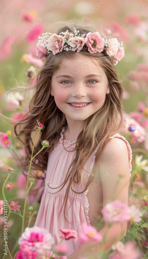Charming child with radiant smile in a flower field, wearing a blush pink crown of blossoms Charming child with radiant smile in a flower field, wearing a blush pink crown of blossoms