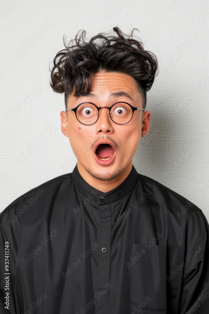 A Young Asian Chinese Surprised Man Standing Isolated Against A White Wall A Young Asian Chinese Surprised Man Standing Isolated Against A White Wall