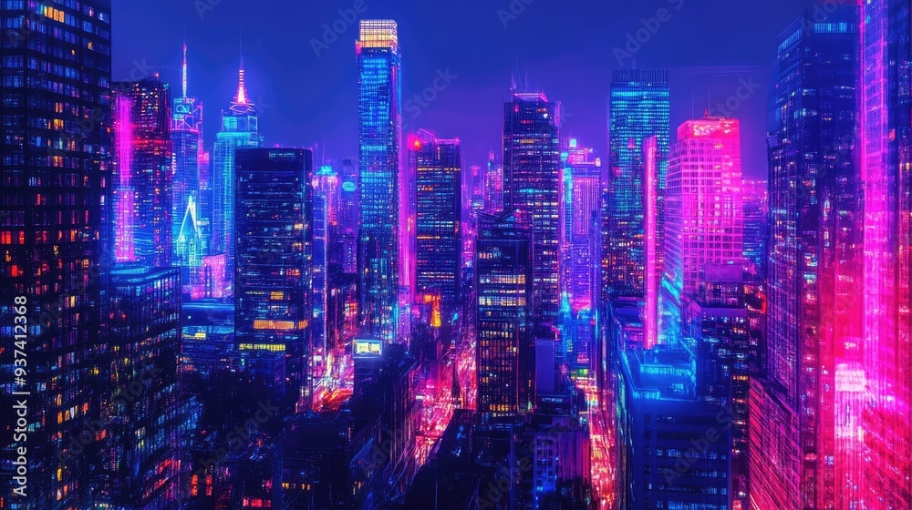 Fototapeta premium Urban Nightscape Featuring Vibrant Neon Lighting