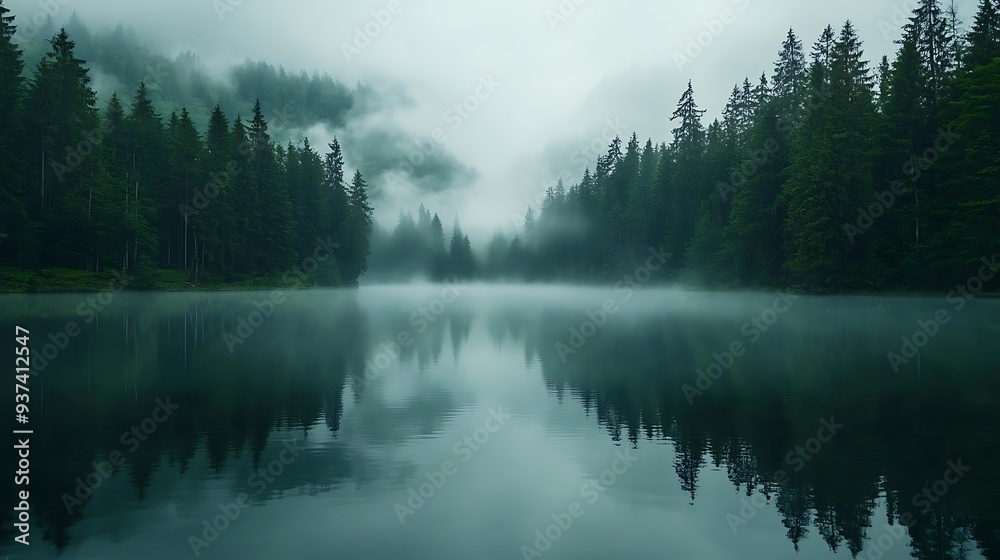 Fototapeta premium Misty Lake with Evergreen Forest Reflection - Photo