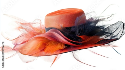 An elegant ladies' hat decorated with bright feathers and silk flowers. On white background