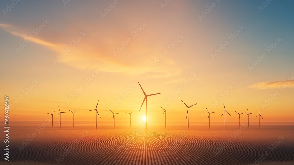 Obraz premium Wind turbines stand tall against a vibrant sunset, casting long shadows across a field of golden sand.