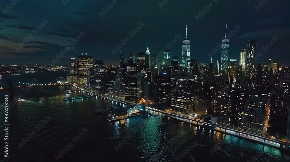 Naklejka premium Aerial view of New York City skyline at night, with illuminated skyscrapers and the East River.