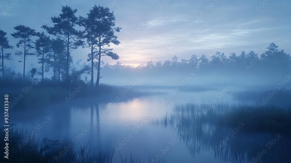 Fototapeta premium Misty Morning Lake and Forest Scene - 3D Illustration