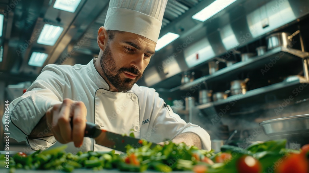 Expert Chopping: The chef in a white uniform and hat skillfully chops vegetables in the busy restaurant kitchen, immersed in the rhythm of a fast-paced culinary environment.
Expert Chopping: The chef in a white uniform and hat skillfully chops vegetables in the busy restaurant kitchen, immersed in the rhythm of a fast-paced culinary environment.