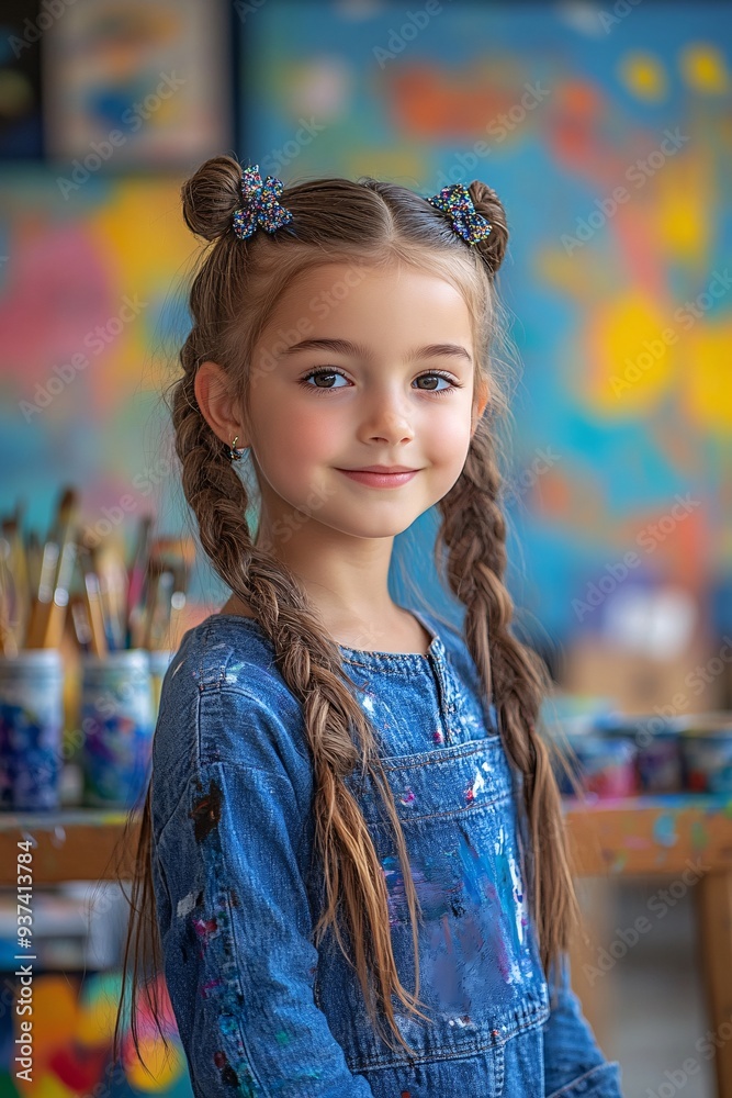 Fototapeta premium Smiling Girl with Braided Hair in a Colorful Art Classroom