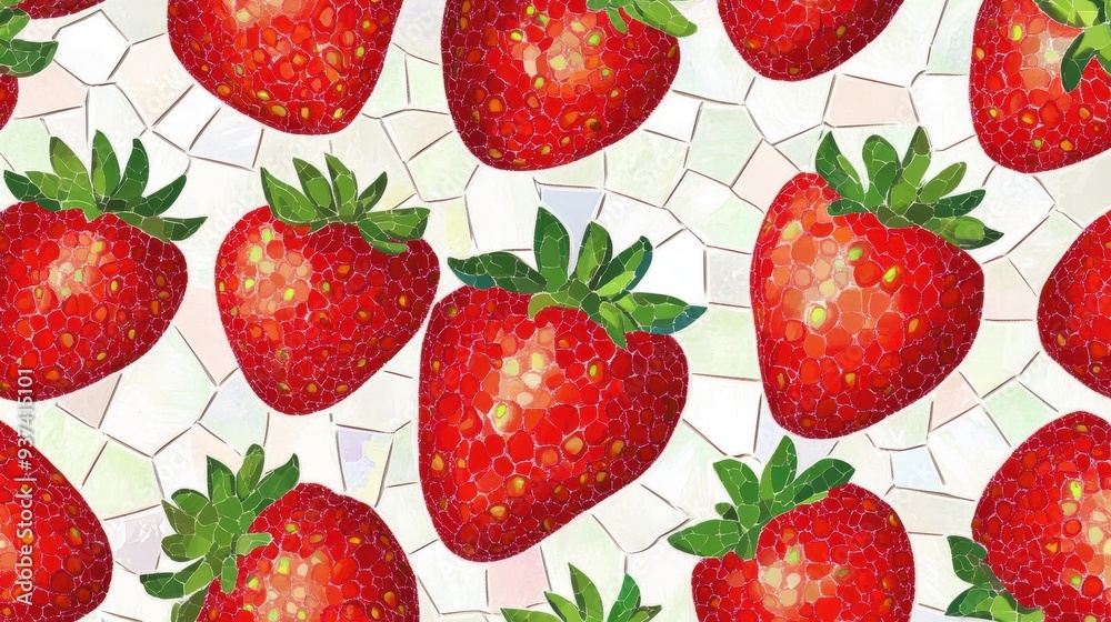 A vibrant pattern of strawberries set against a light background.